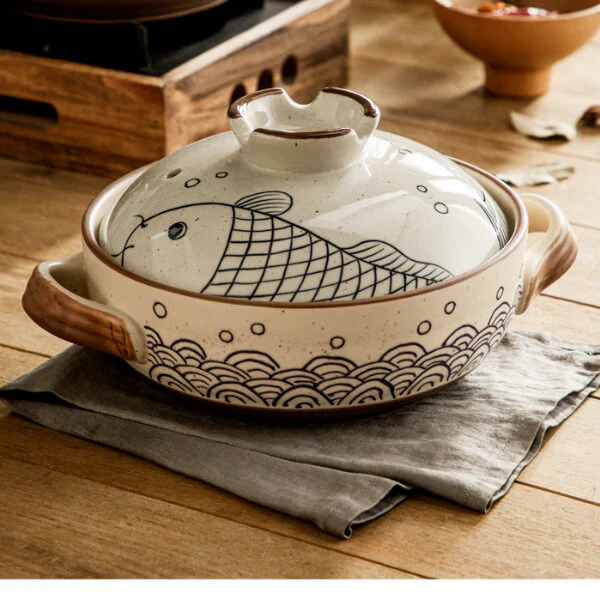 Japanese Hand-Painted Line Art Koi Fish Casserole Dishes Pot